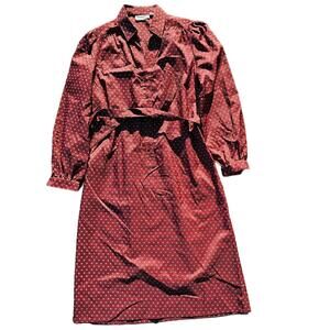 Vintage Schrader Sport Shirt 70s Dress with Sash Belt Size 14 Burgundy Red(499)